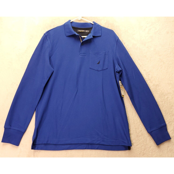 Nautica Polo Shirt Mens Small Blue Cotton Long Sleeve Slit Collar Embroided Logo - Picture 1 of 9